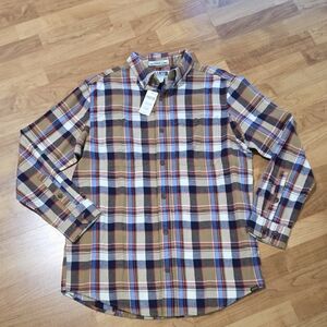 Duluth Traiding Men's Tan, Navy, White & Red Plaid Button-Down Shirt.  SLIM FIT